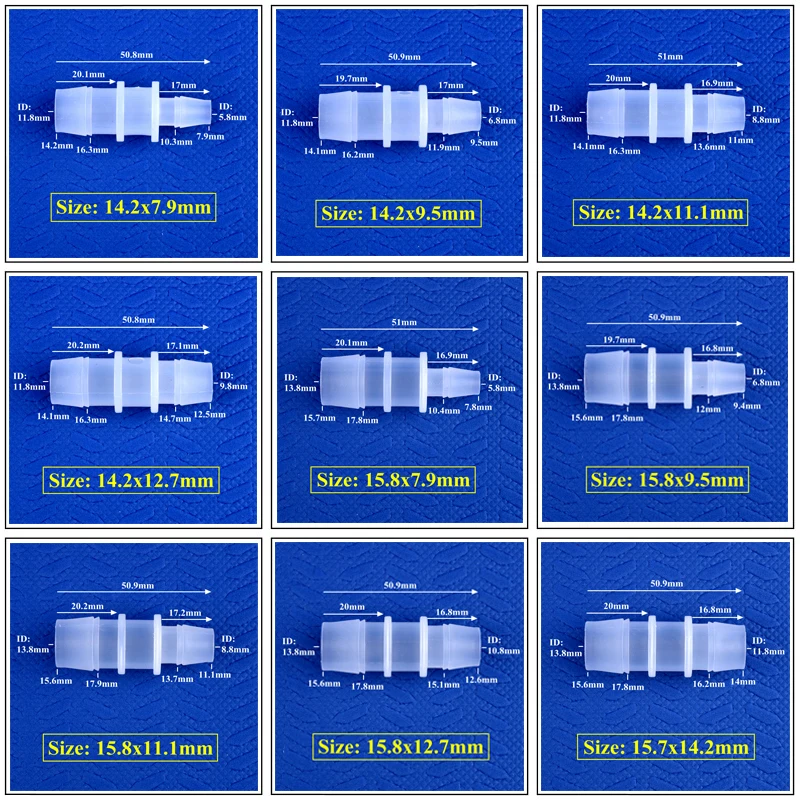 5 ~ 200 sztuk 14.2mm 15.8mm do 7.9 ~ 14.2mm PP Pagoda zmniejszenie bezpośrednie złącza System nawadniania wąż stawy zbiornik akwarium Adapter