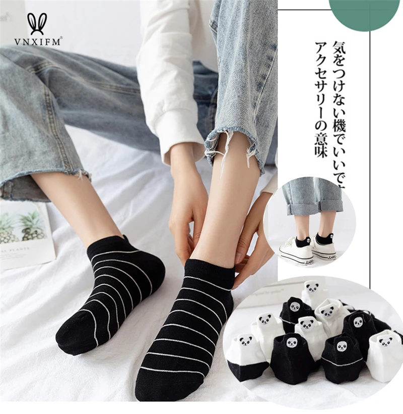 2023 spring cotton couple socks panda cartoon embroidery boat socks cute white black male and female ankle socks 3pcs/lot