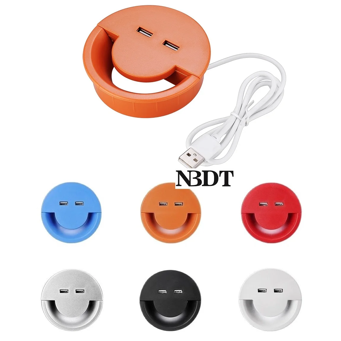 2Pcs Round Plastic ABS Big Smile Design Desktop Cable Grommet With 2 USB Cord Tidy Hole Cover Organizer