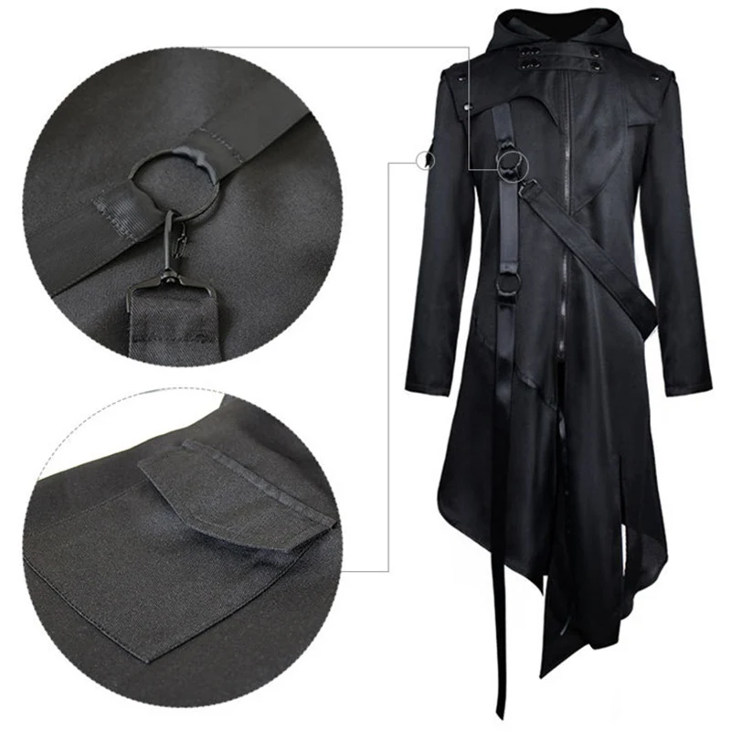 Disfraz Medieval para hombre, gabardina gótica Victoriana, Chaqueta larga negra Steampunk, sudaderas con capucha, abrigo de diseño Irregular,