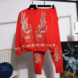 Red Black Gray Casual Knitted Tracksuit Women Outfits Autumn Fashion Beading Embroidery Pullover Sweater Pencil Pants Set Female