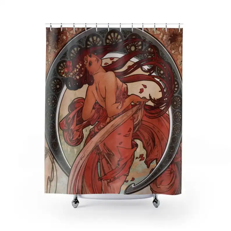 Woman In Red, Shower Curtain, Vintage Illustration, Alphonse Mucha, 1898