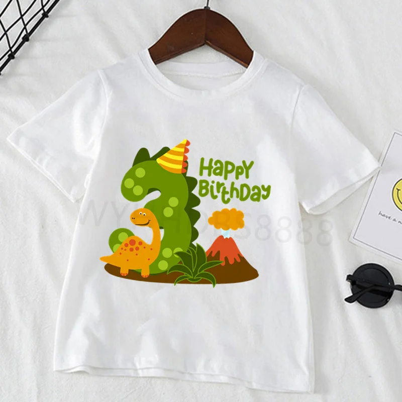 24M-8T  Kids Dinosaur Cartoon Birthday Number White T Shirt  Boys and Girls Summer Dino Top Birthday Gift