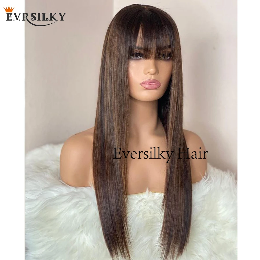 200Density Silky Straight Fringe Human Hair Wigs with Bangs Glueless Highlight Brown 13x6 Deep Part Lace Front Wigs Remy Hair