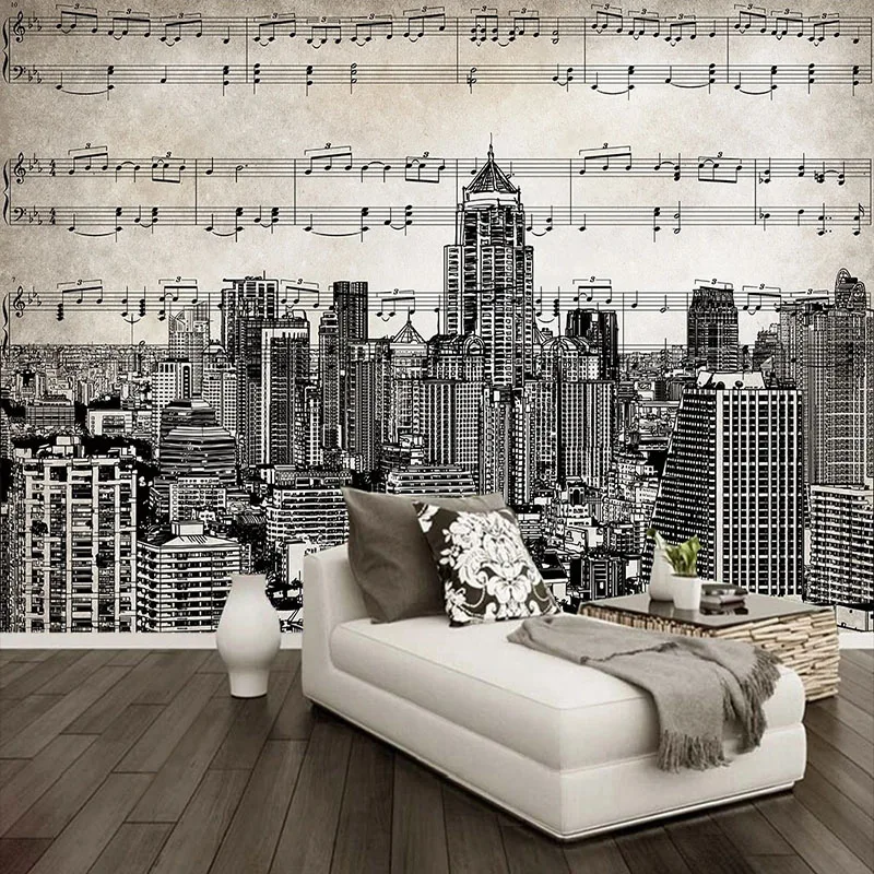 

Custom Mural Wallpaper Retro Nostalgic 3D Hand Drawn Stave City Decorative Paintings Restaurant Cafe Background Papel De Parede