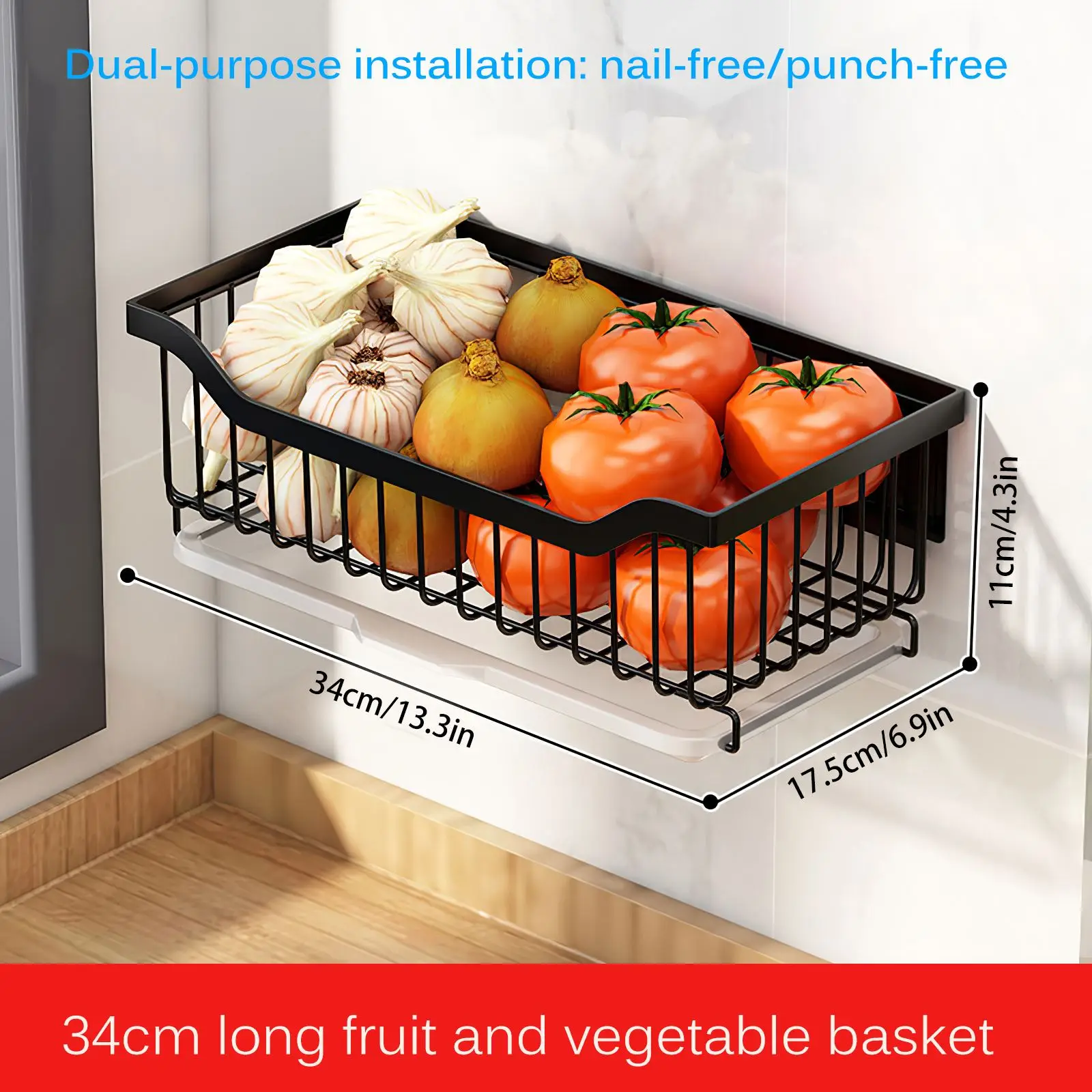 Wall Mounted Kitchen Storage Basket, Metal Organizer Storage Rack For Spice vegetable Fruit