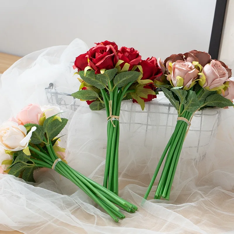 Rosas de seda artificiais para noivas, Bouquets de casamento nupcial, Acessórios de dama de honra, Flores brancas, Casamento, Decoração