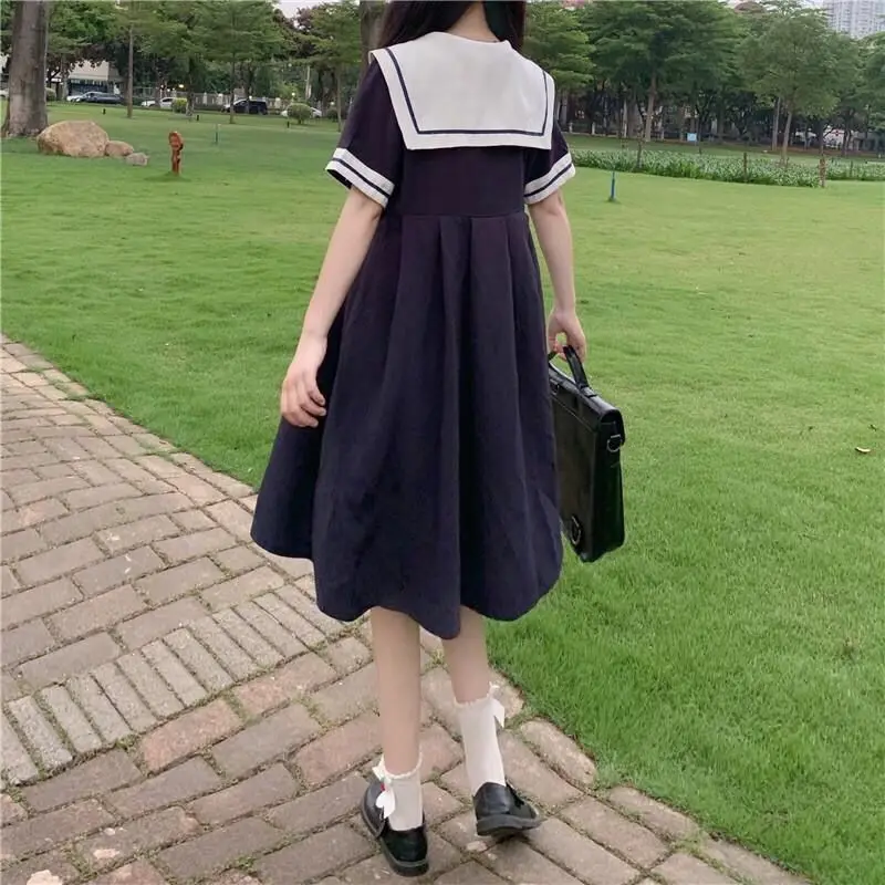 A-line Dress Women Sweet Kawaii Japanese Style College Autumn New Sailor Collar Patchwork Bow Fashion Leisure Loose Popular Chic