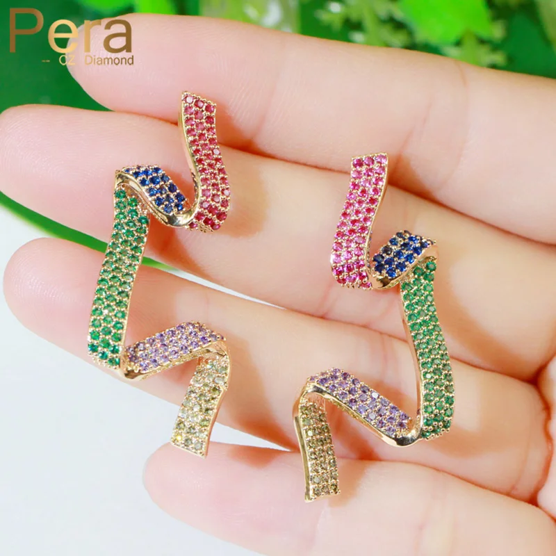 

Pera Beautiful Micro Full Colorful CZ Zircon Paved Elegant Jewelry Long Yellow Gold Color Ribbons Dangle Earrings for Women E614