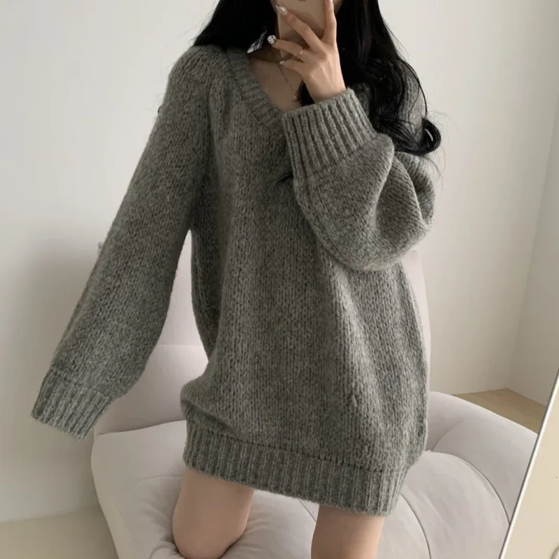 2022 Women V-neck Pullovers Simple Loose O-Neck Oversize Autumn Sweaters Knitted Korean Fashion Long Sleeve Sweater Top