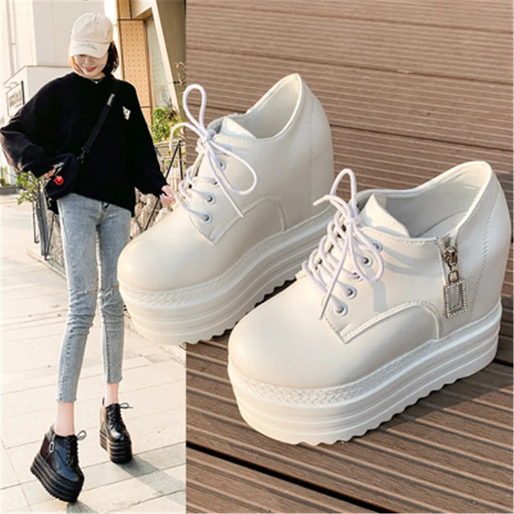 12 CM Woman Shoes Casual Elevator Wedge Platform Sneakers Female High Tops Hidden Heels Trainers Zapatillas Mujer EU 34-39 Black