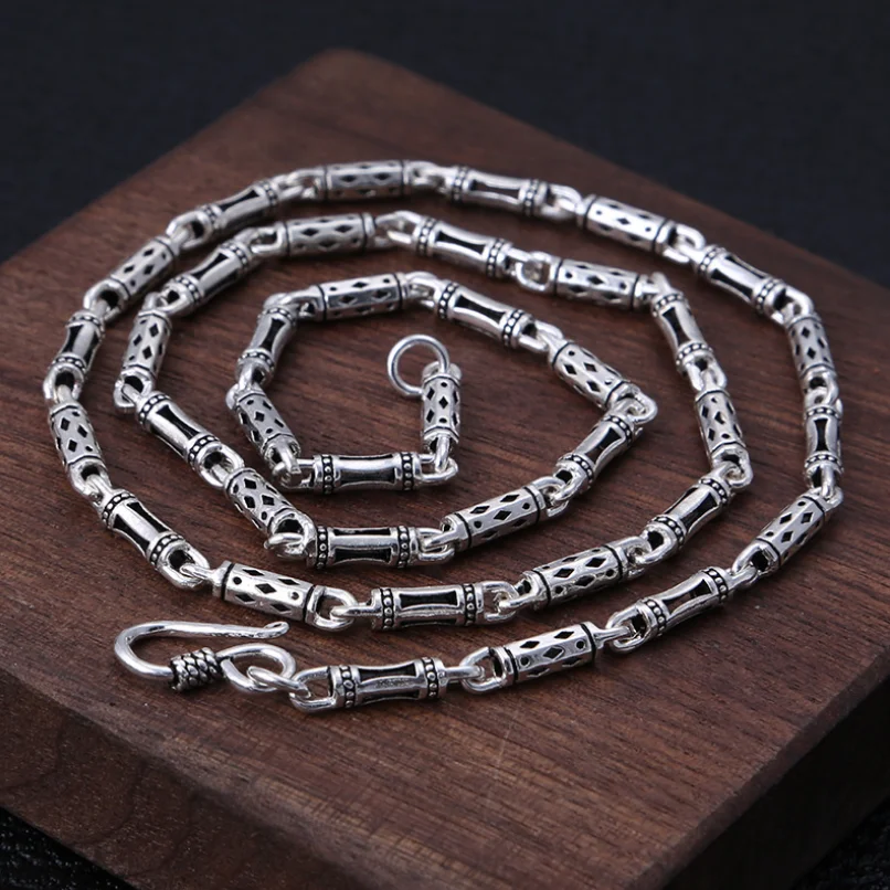 Pure Silver Vintage Hexagonal Column Geometric Patterns Link Chain S925 Sterling Silver Retro Long Chain Necklace Male Man Woman