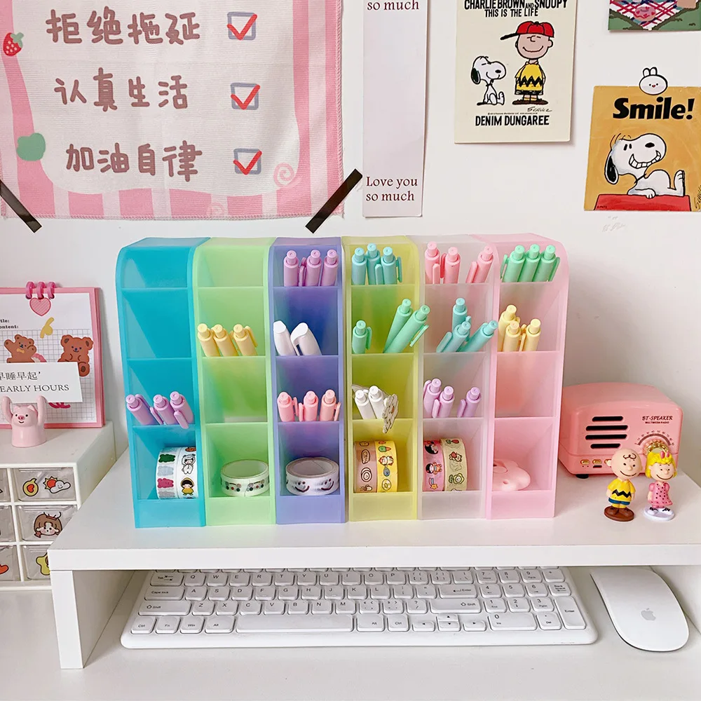 Macaron Color Desktop Pen Holder Pencil Makeup Brush Storage Box 4 Grid Oblique Insertion Desktop Organizer School Stationery