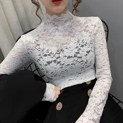 Spring Autumn Elegant Women Blouse 2021 Turtle Neck Long Sleeve Floral Lace Blouse Top Slim Base Blouse Black xxl fashion