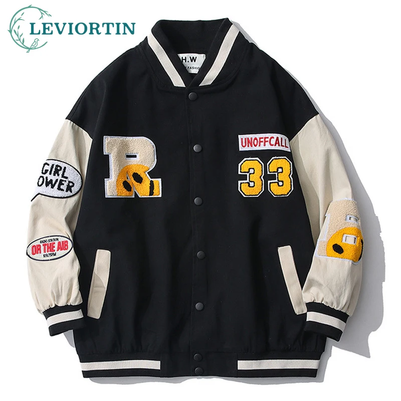 Hip Hop Men's Baseball Jacket Harajuku Cotton Streetwear Embroidery Letter Funny Smiley Patchwork College Jacket Coat Couple