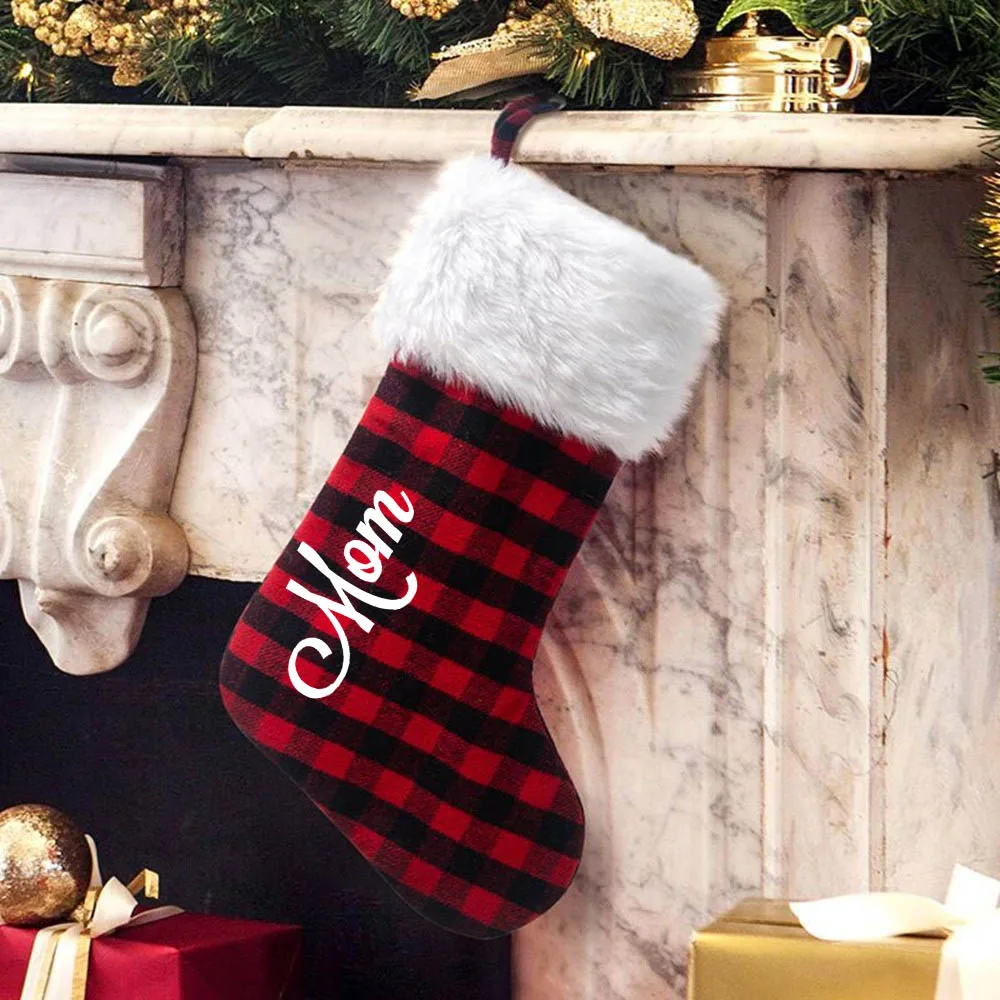 Personalized Christmas Stockings Family Red and Black Plaid Holiday Stocking Christmas Decoration Custom Name New Year Gifts