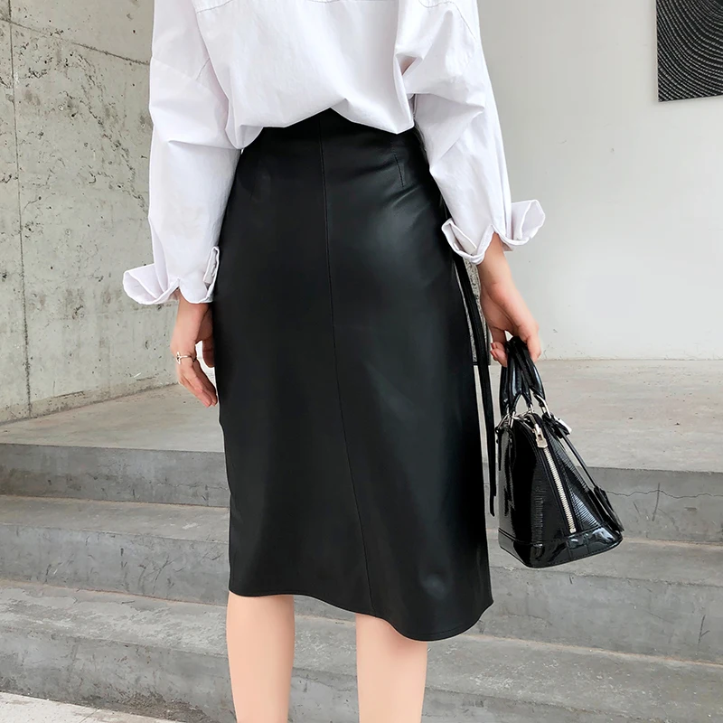 Women Genuine Leather skirt Female Personality Asymmetric Simple Whole Skin Lace-up Long Saia Mujer Black Wrap Jupe Streetwear