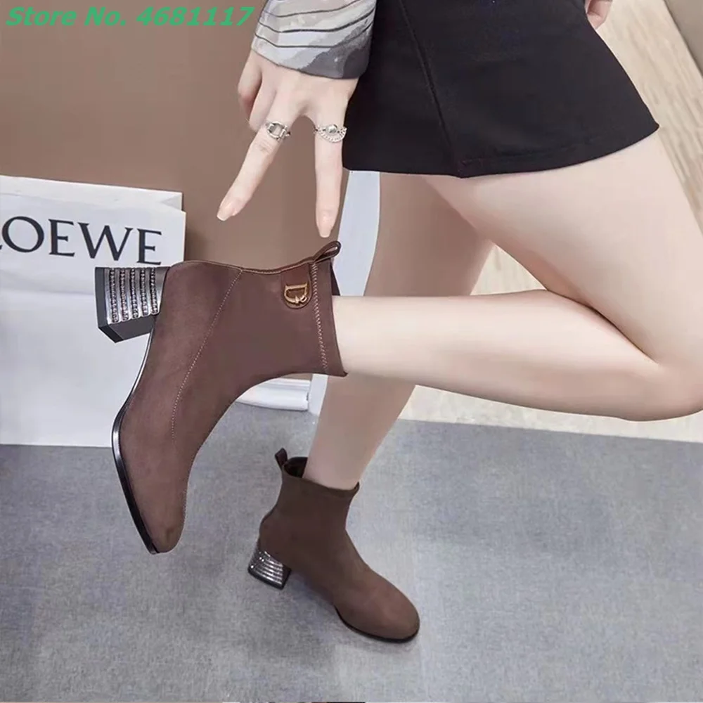 

Women Ankle Kid Suede Boots Metal Crystal High Block Heels Round Toe Solid Slip On Height Increasing Large Side Street Style