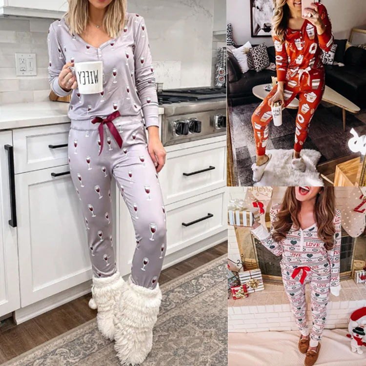 New Women Pajamas Set Printed V-neck Long Sleeve Homesuit Women Casual Underwear