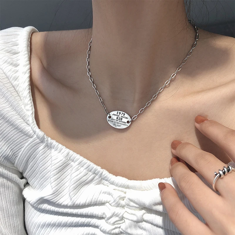 925 Sterling Silver Round Oval Card Necklace Neutral Female Hip Pop Statement Chain Kpop Design Jewelry Couple Girls Custom Tag