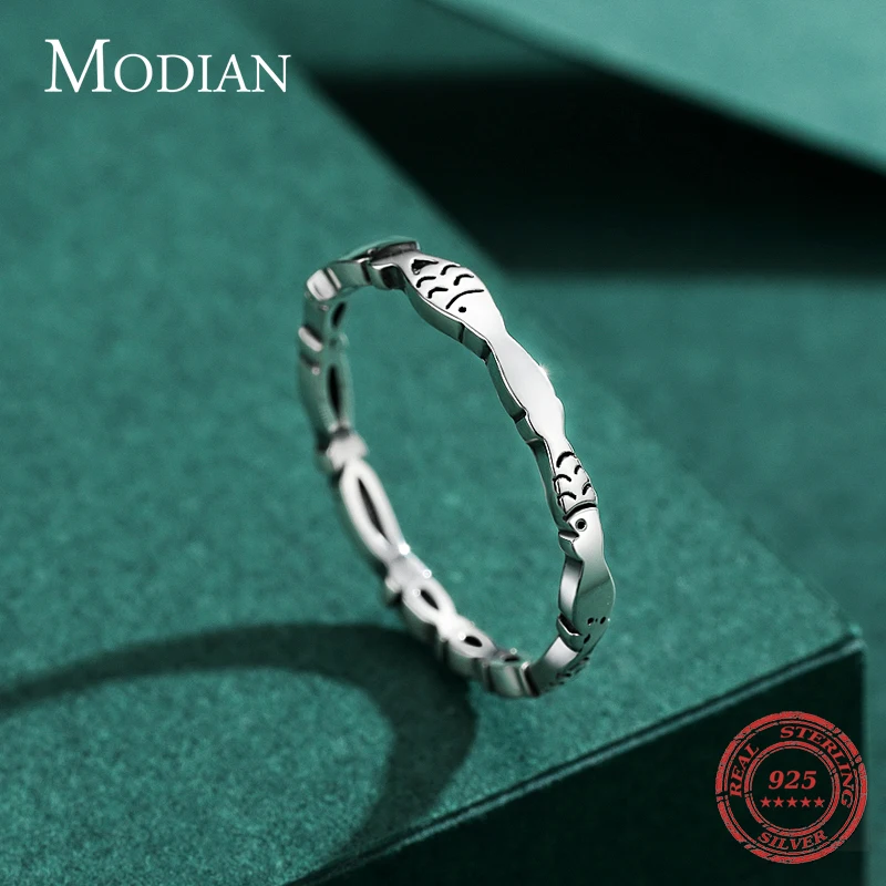 Modian powieść rybny pierścionek do noszenia warstwowego prawdziwe 925 Sterling Silver Fashion specjalne zwierzęce pierścienie minimalistyczna