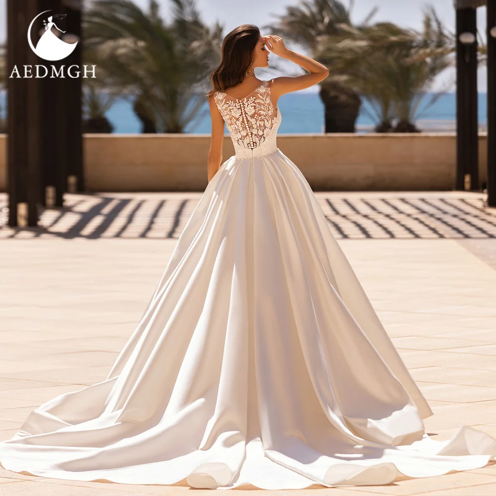 Aedmgh-Robe de mariée A-Line en satin avec dentelle perlée, robe de mariée princesse simple, col rond, 256, 2024