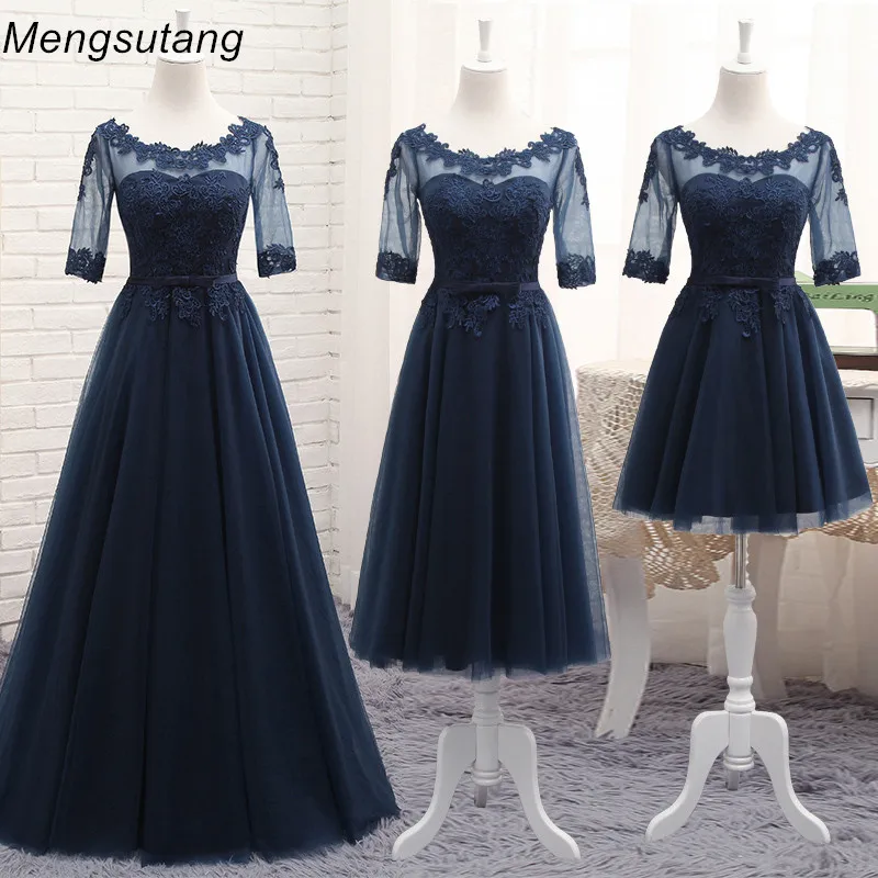 Robe de soiree 2023 wholesale Scoop Neck Half Transparent Lace Embroidery long Navy blue party prom dress Bridesmaid Dresses