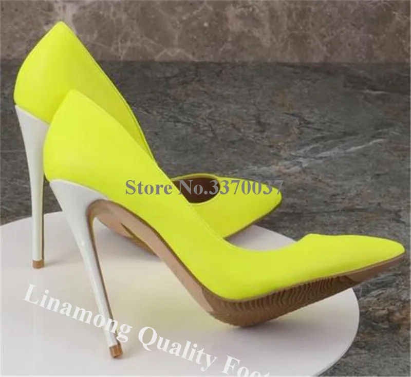 Linamong Brand Style Pointed Toe Patchwork Stiletto Heel Pumps Neon Yellow Pink Patent Leather White Heels Party Dress Shoes