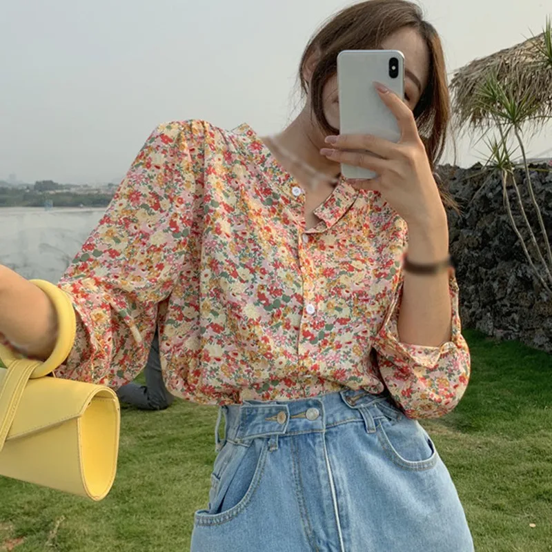 Women's Floral Printing Shirt Autumn O Neck Single Breasted Loose Long Sleeve Chiffon Blouse