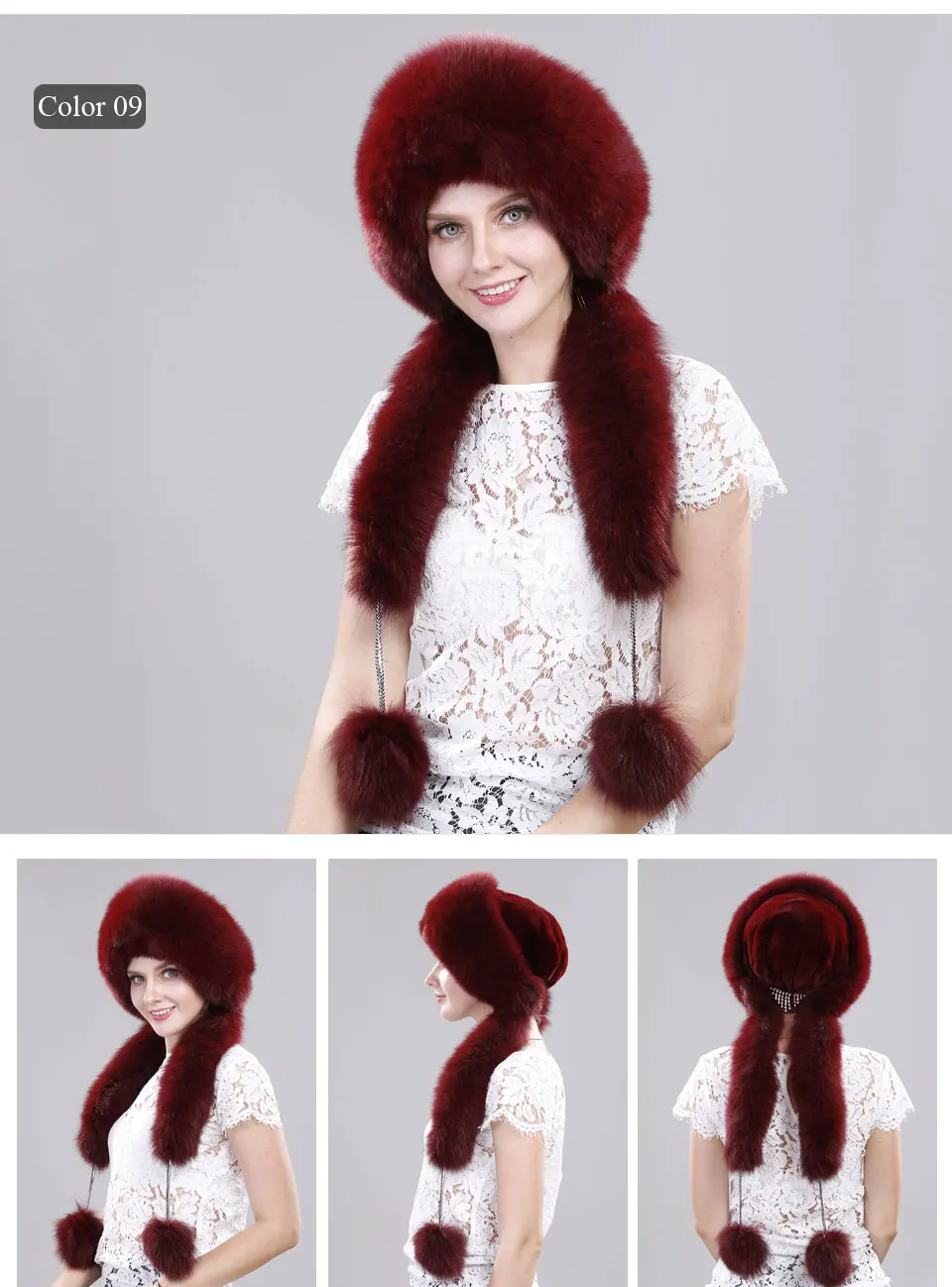 Echte Fuchspelzmütze mit Kaninchenfell-Oberteil, Wintermützen für Mädchen mit langen Pompons, Russische Trappermützen, Bombermützen, Bonnets für Frauen – Detail 11