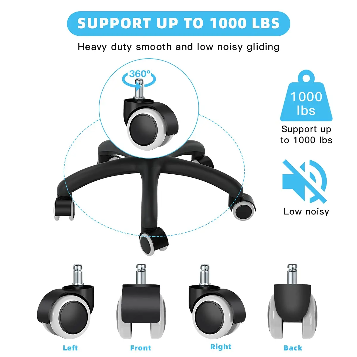 Office Chair Caster Wheels Replacement(Set of 5) for Hardwood Floors and Carpet, 2inch Office Plastic Chair Wheel,Universal Size