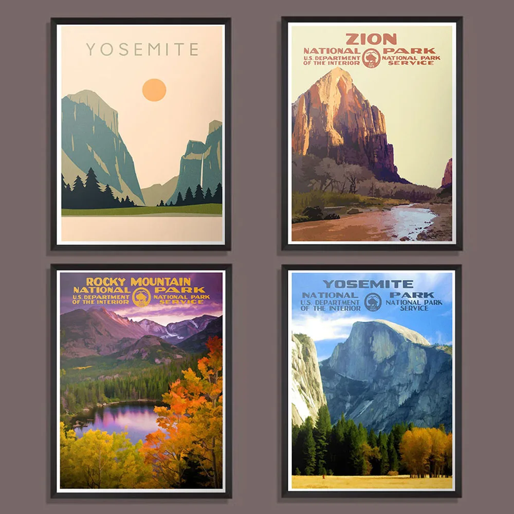 National Park Painting Yosemite Rocky Mountain Vintage Landscape Pictures Poster Prints Wall Art Canvas Room Home Decor No Frame