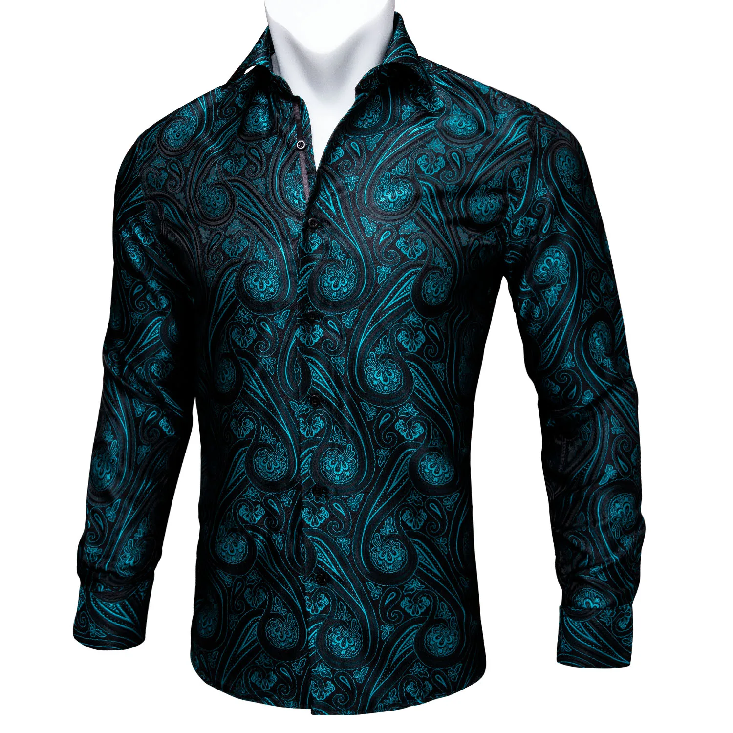 Barry.Wang Teal Paisley Floral Silk Shirts Men Autumn Long Sleeve Casual Flower Shirts For Men Designer Fit Dress Shirt BCY-05