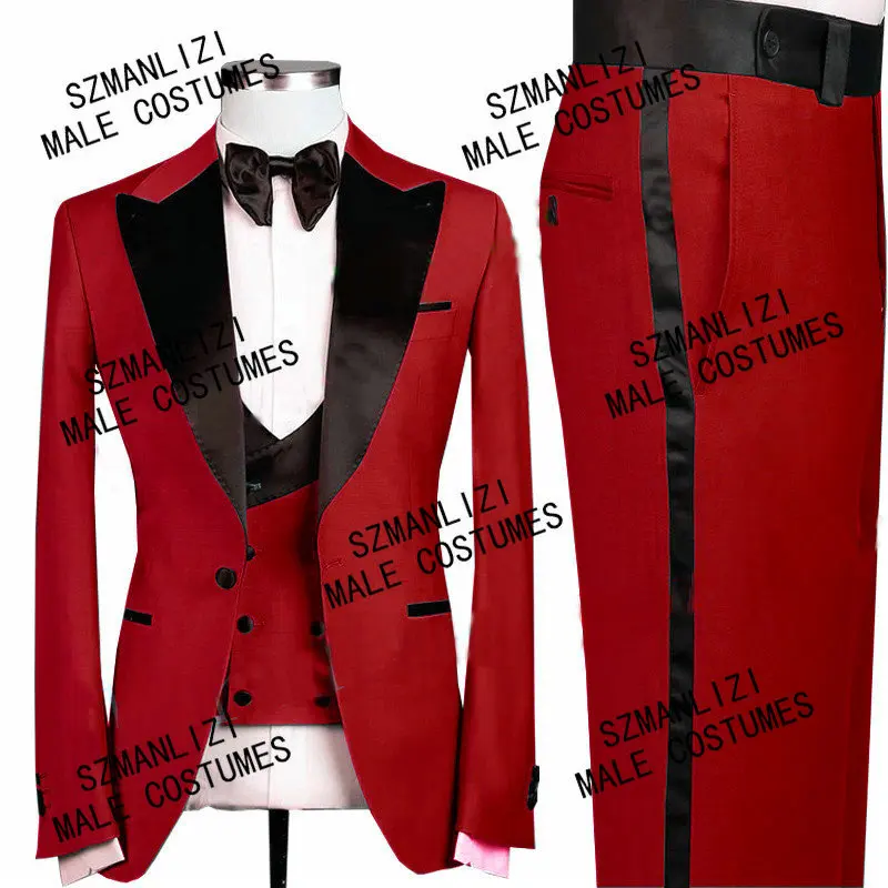 

Classic Red Mens Suits Groom Wear Tuxedos 3 Piece Wedding Suits Groomsmen Best Man Formal Groom Suit For Men (Jacket+Pant +vest)