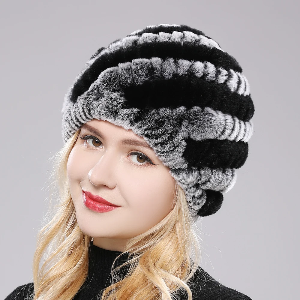 Chapeau en fourrure de lapin Rex véritable pour femme, bonnet de neige, crânes en tricot, bonnets moelleux, naturel, chaud, hiver