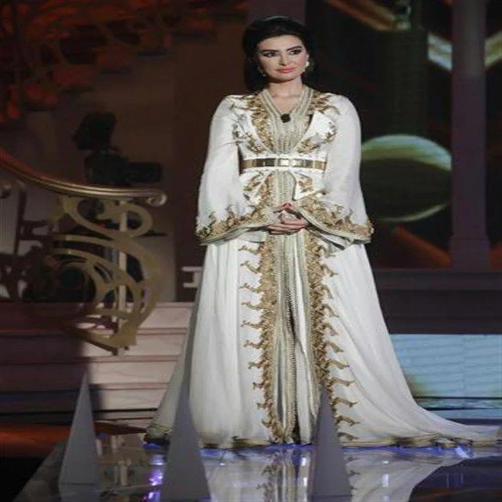 Caftan Kaftan Dubai Abaya Arabic Long Sleeve Evening Dresses Amazing Gold Embroidery V-neck Occasion Prom Formal Gown