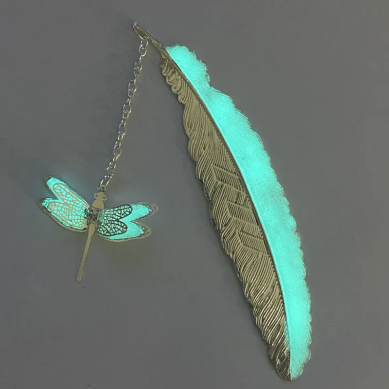 Luminous Ancient Silver Dragonfly Personalized Bookmark Glow Alloy Bookmark Fluorescent Feather Jewelry Exquisite DIY Stationery