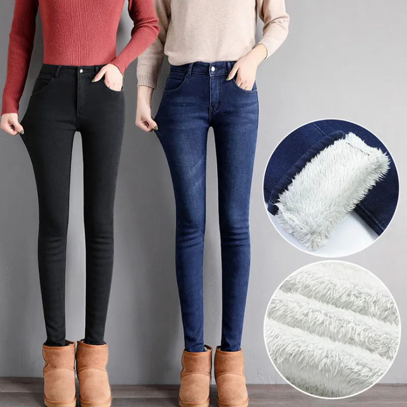 Womens Cashmere Jeans For Winter Keep Warm Pants Good Elasticity Straight Pants Denim Trousers ouc672a