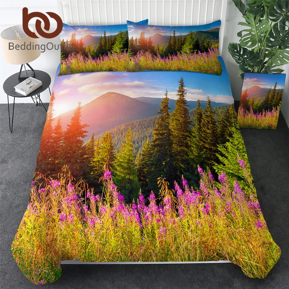 

BeddingOutlet 3D Printed Sunset Bedding Set Flower Nature Quilt Cover 3pcs Botanical Forest Home Textiles Crystal Cave Bed Set