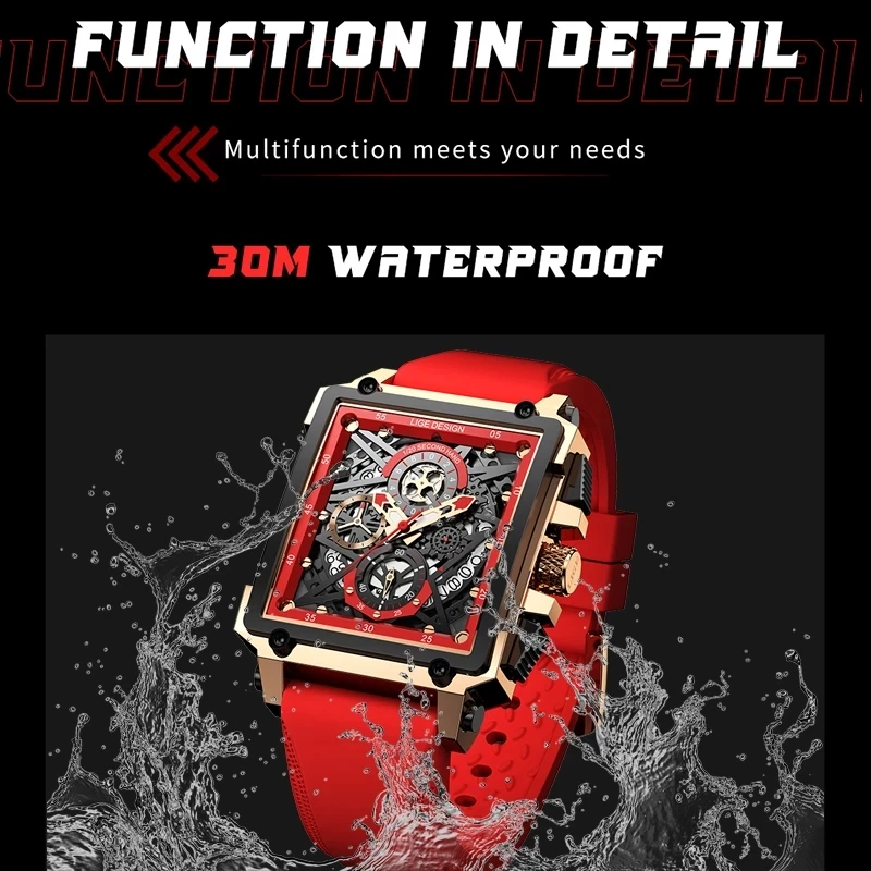 2023 New LIGE Men Watches Top Brand Luxury Hollow Square Sport Watch For Men Fashion Silicone Strap Waterproof Quartz WristWatch