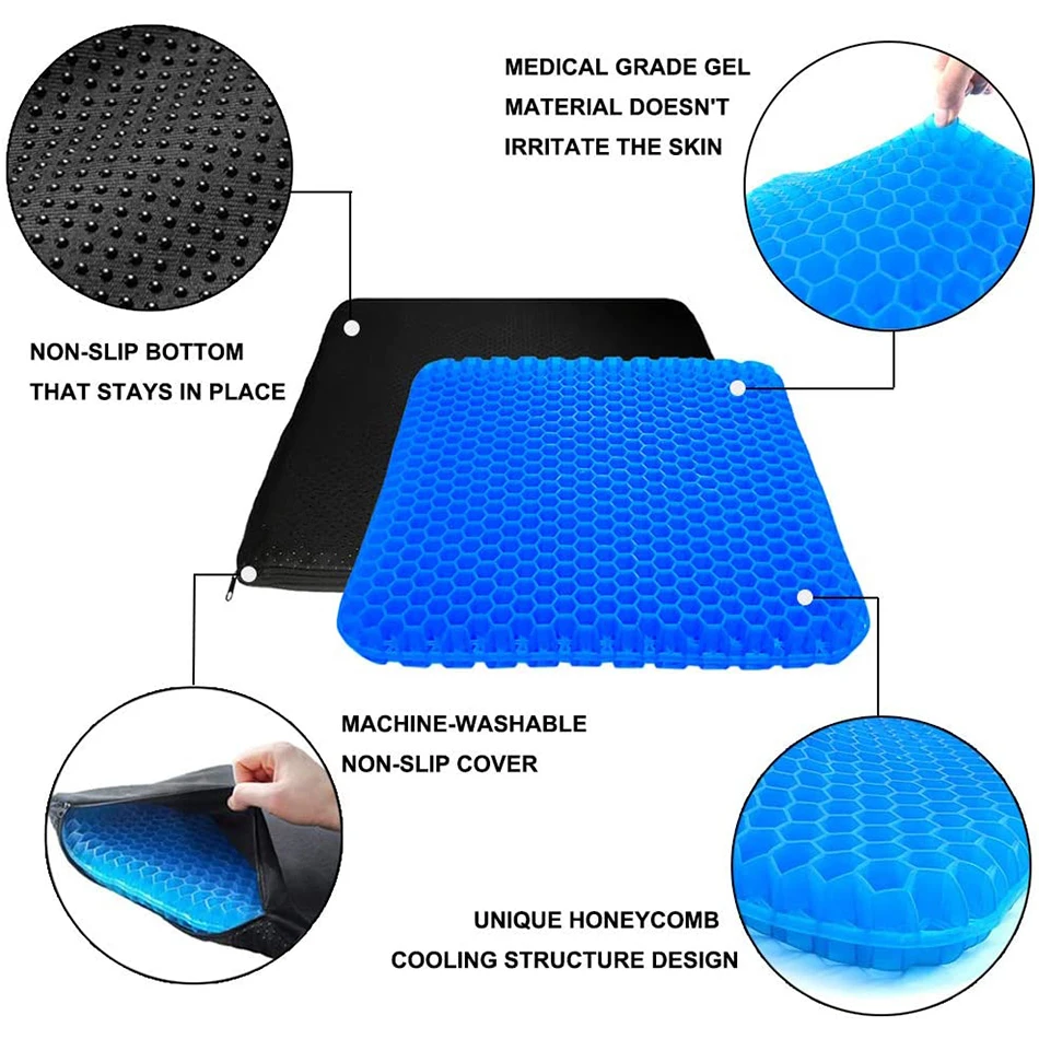 Comfortable Gel Cooling Cushion Double Faced Honeycomb Breathable Non-Slip Cover Easy To Clean For Home Office Car Wheelchair