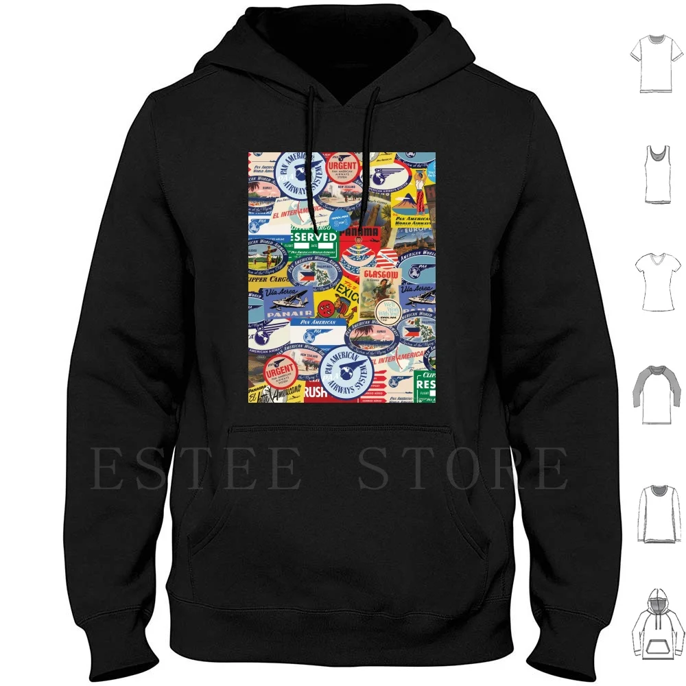 Pan Am Travel Sticker Pattern Hoodies Long Sleeve Pan Am Panam Vintage Travel Pan American World Airways Pan