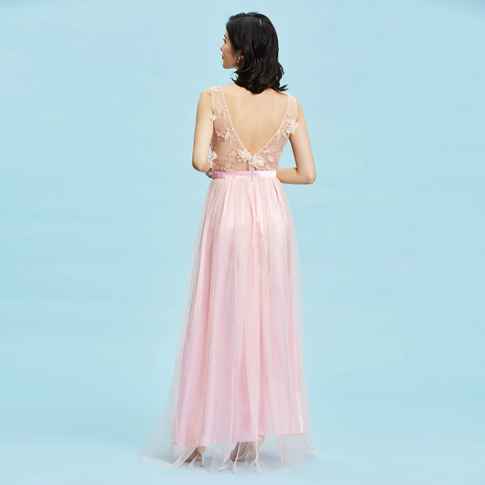 A Line Prom Dress Màu Hồng Không Tay V Cổ Mắt Cá Chân Chiều Dài Dresses Phụ Nữ Backless Appliques Trang Phục Chính Thức Buổi Tối Prom Gown Genshin Tác Động C