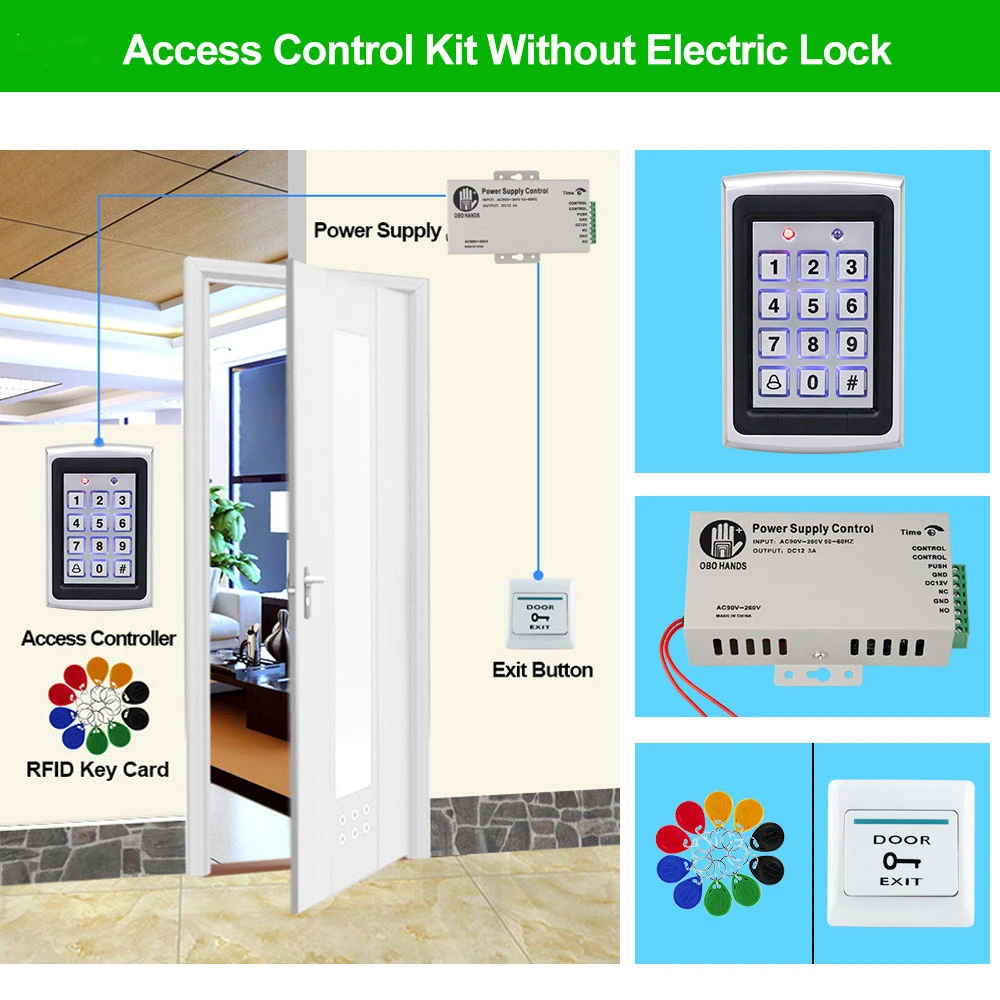 Full Set Door Access Control System Kit Waterproof Metal RFID Keyboard + DC12V Power Supply + Button + 10pcs 125KHz RFID Keyfobs