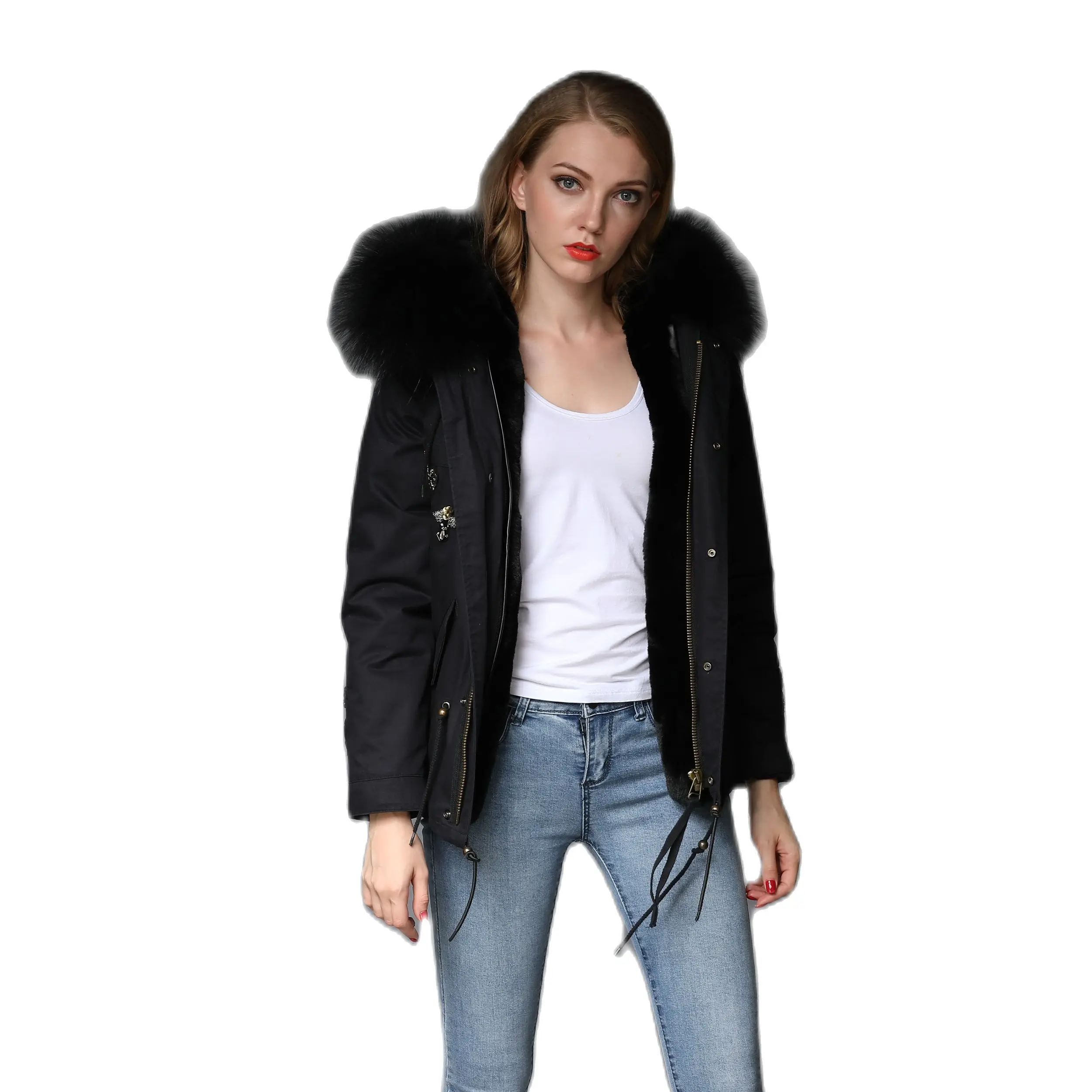 

Classic Fashion Ladies Short Bead Parka Full Black Overcoat With Faux Fur Winter Jacket For Women Raccoon Fur Collar Trimming