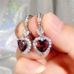 Huitan Blue/Garnet Heart Cubic Zirconia Wedding Earrings for Women Eternity Love Earrings Engagement Accessories Fashion Jewelry