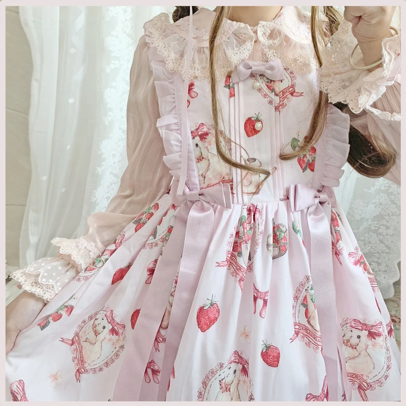 Japanese sweet lolita dress vintage falbala bowknot cute printing high waist victorian dress kawaii girl gotic lolita jsk loli