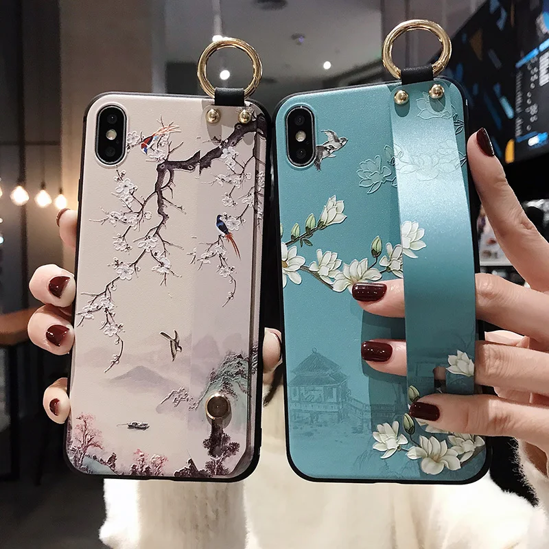 for OPPO Realme 5 6 Pro C15 C11  X2 Pro XT C2 U1 Reno 4 2 3 Phone Case 3D Emboss Art Leaf Flower Wrist Strap Phone Holder Cover