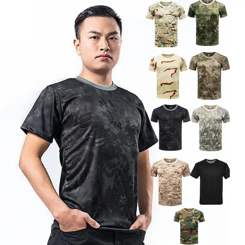 Men\'s Camo Soft Combat Tactical Shirt Short Sleeve Quick Dry T-Shirt Camouflage Outdoor Hunting Shirts Military Army T Shirt