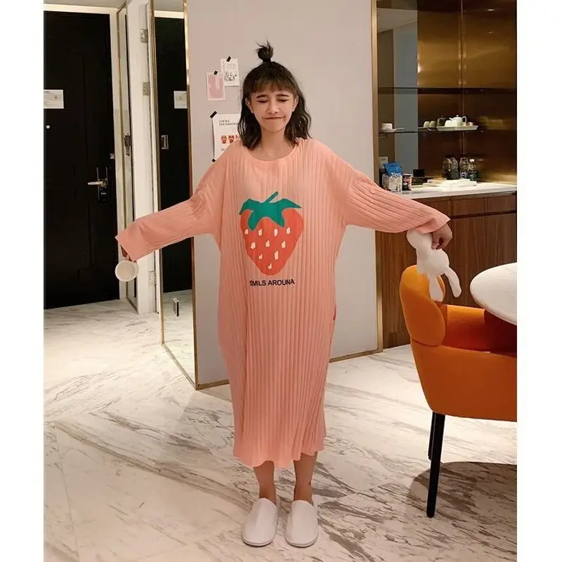 Nightgowns Women Primted Large Size 4XL Autumn Long Sleeve Loose Warm Homewear Pyjama Korean Style Chic Leisure Mid-calf Soft BF